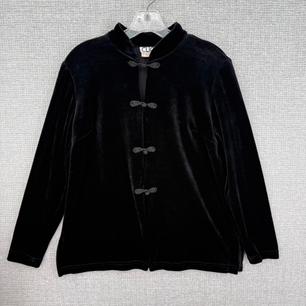 Vtg Clio Petites Cardigan Top Womens PS Black Velvet Frog Closure Stretch Goth